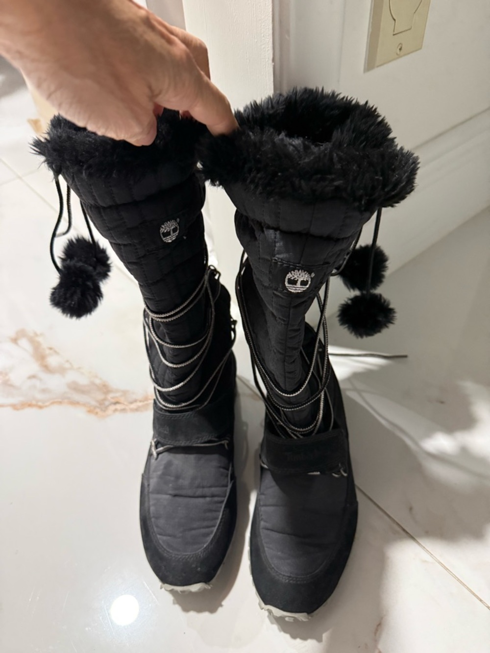Timberland Black Quilted Winter Boots with Faux-Fur Trim and Pom-Poms